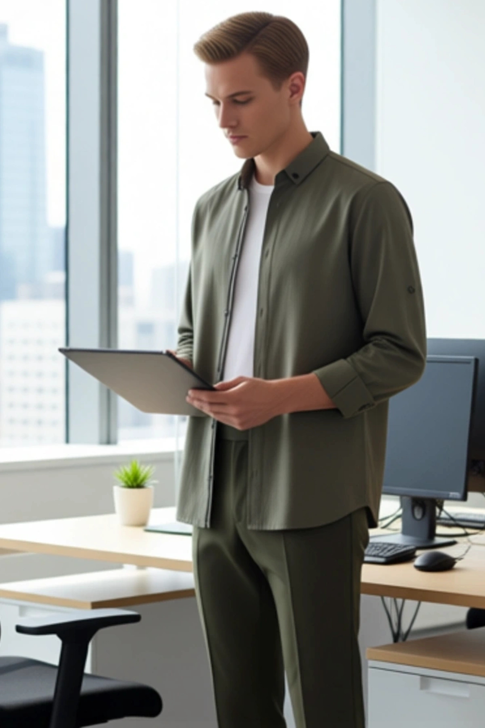 Erkek Düğmeli Yaka Keten Görünümlü Slim Fit Apolet Detaylı Uzun Kollu Pamuklu Gömlek Rahat