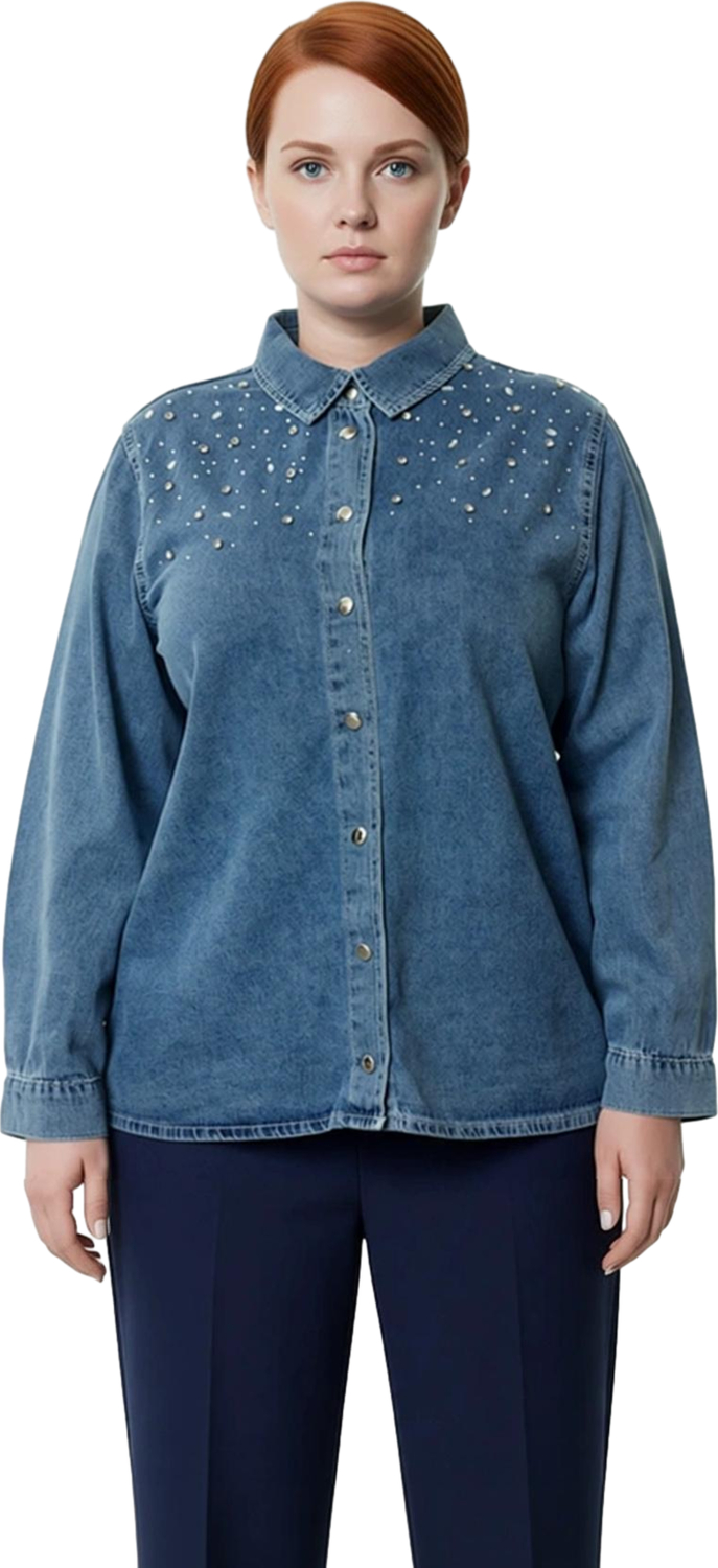 Kadın Büyük Beden Taş İşlemeli Denim Gömlek Günlük Stilinize Işıltılı Bir Dokunuş Katın Şık