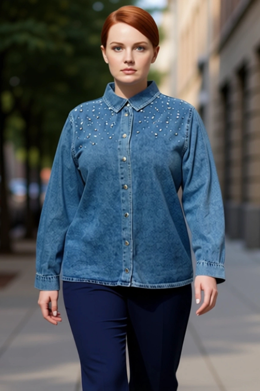Kadın Büyük Beden Taş İşlemeli Denim Gömlek Günlük Stilinize Işıltılı Bir Dokunuş Katın Şık