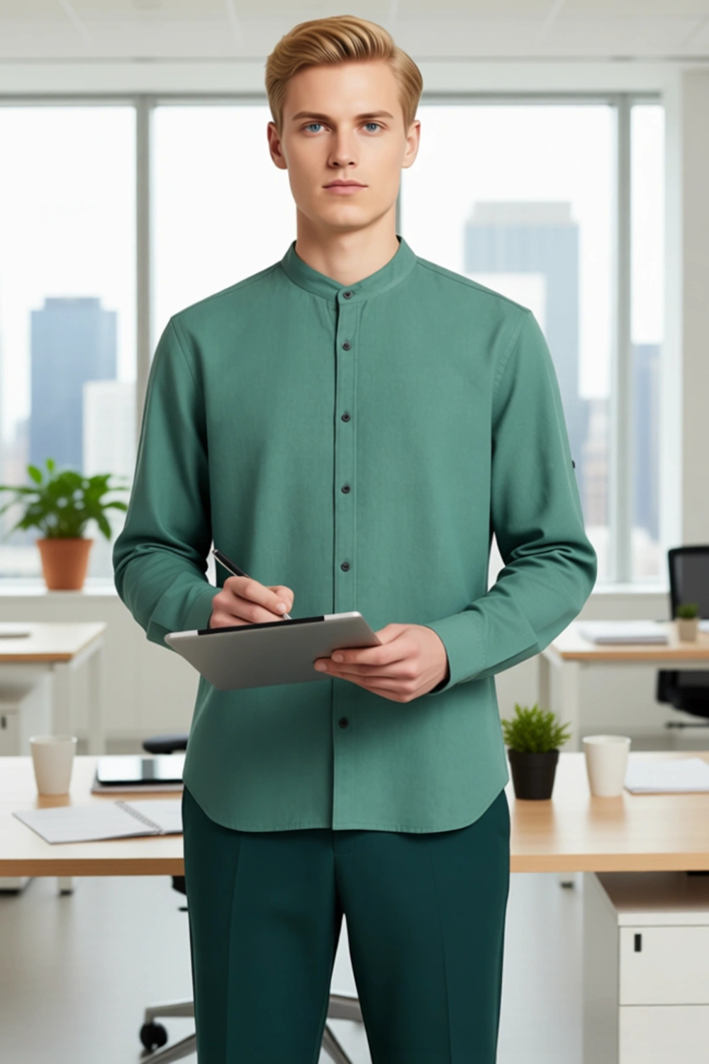 Erkek Keten Görünümlü Pamuklu Hakim Yaka Slim Fit Uzun Kollu Modern Kesim Gömlek Dayanıklı