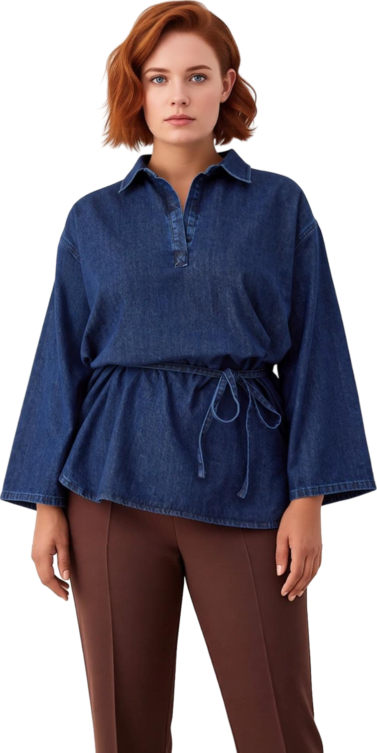 Kadın Bol Kesim Denim Gömlek Bağlama Detaylı Şehir Yaşamına Uygun Konforlu Ve Modern Stil Şık