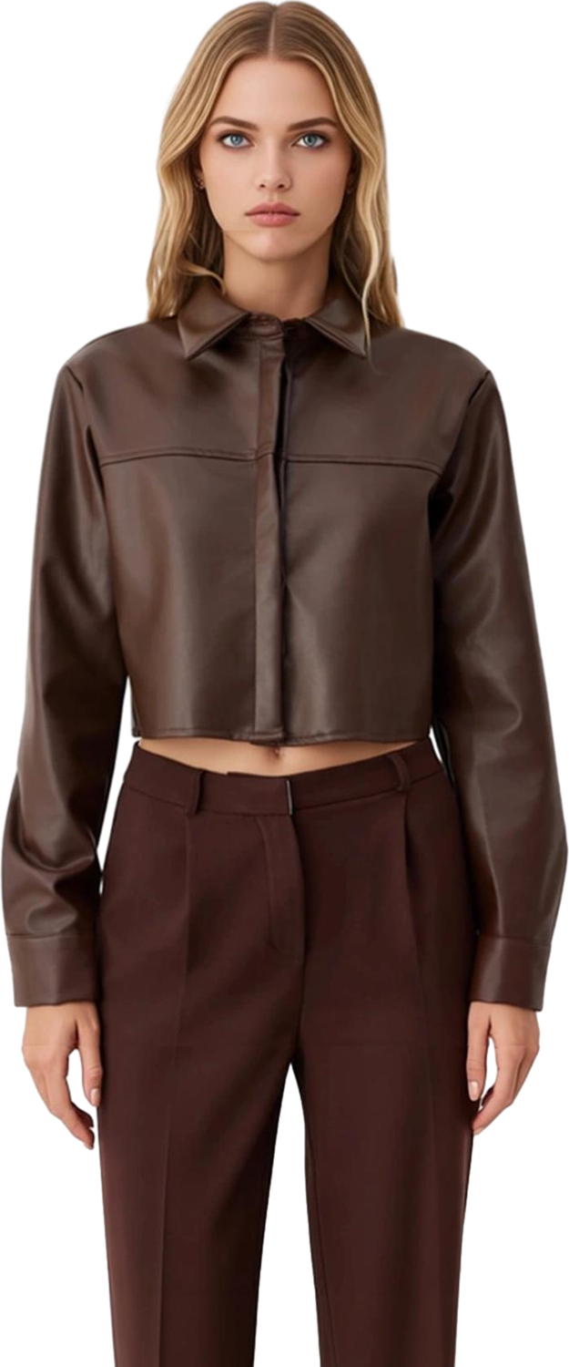 Kadın Düz Desen Suni Deri Crop Bluz Fonksiyonel Dayanıklı Kaliteli Konforlu Estetik Modern