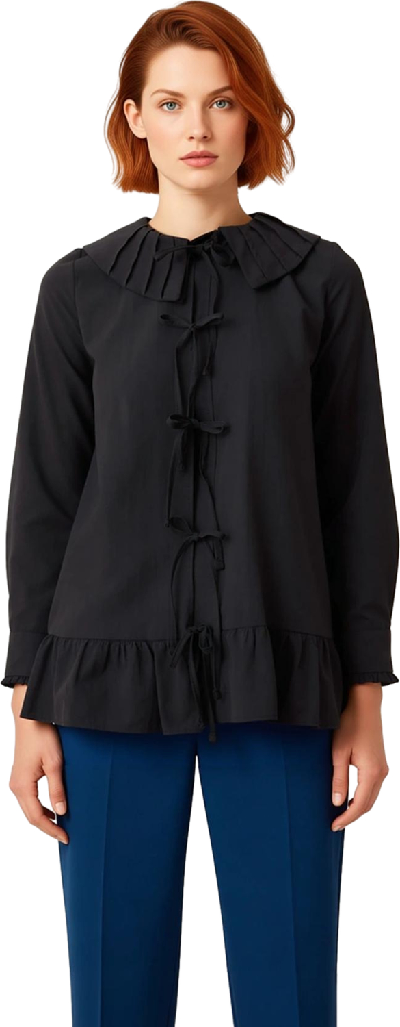 Kadın Fırfır Detaylı Bebe Yaka Bağcık Bağlamalı Uzun Kollu Gömlek Günlük Ve Özel Anlar Şık