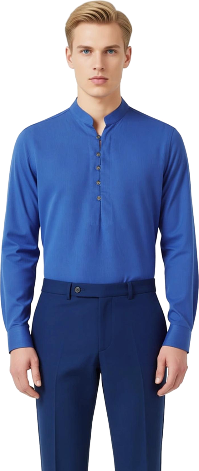 Erkek Modern Slim Fit Hakim Yaka Yarim Dugmeli Pamuklu Uzun Kollu Gomlek Fonksiyonel Rahat