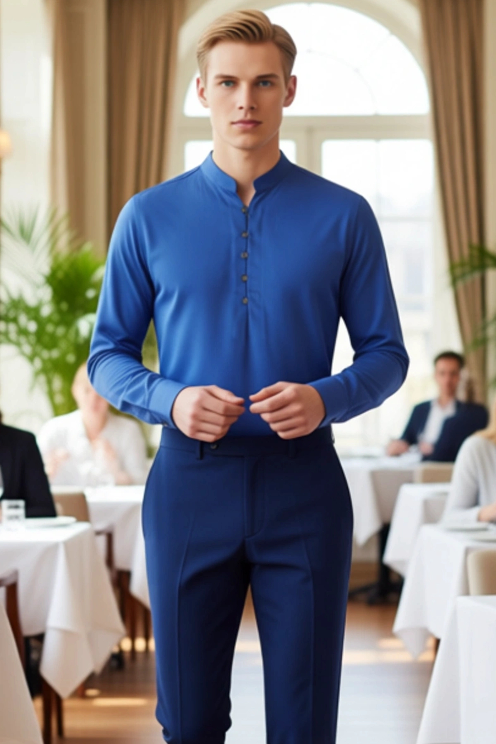 Erkek Modern Slim Fit Hakim Yaka Yarim Dugmeli Pamuklu Uzun Kollu Gomlek Fonksiyonel Rahat