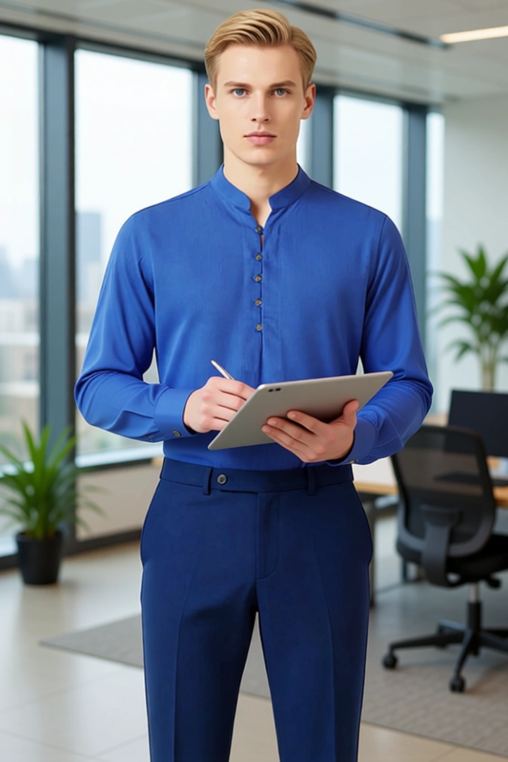 Erkek Modern Slim Fit Hakim Yaka Yarim Dugmeli Pamuklu Uzun Kollu Gomlek Fonksiyonel Rahat