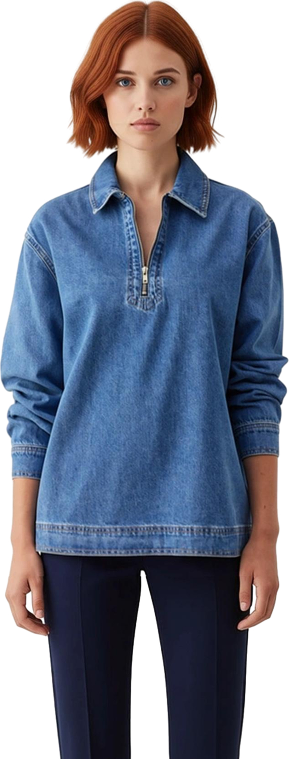 Kadın Düz Renk Denim Oversize Gömlek Fermuar Detaylı Ve Şıklık Gün Boyu Sizinle Fonksiyonel