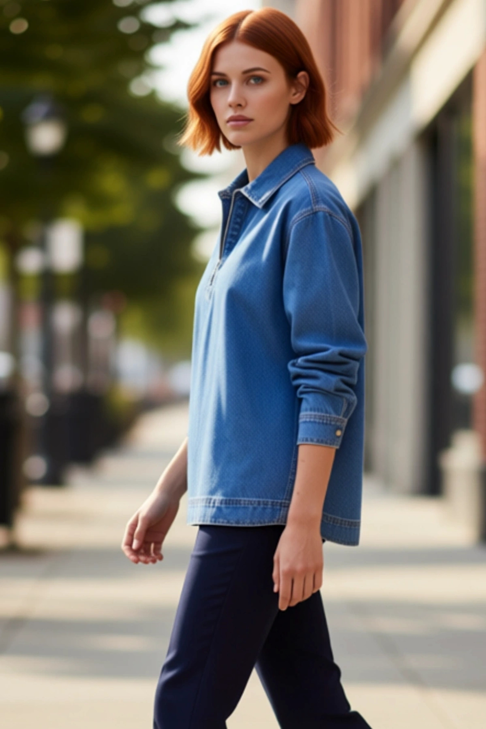 Kadın Düz Renk Denim Oversize Gömlek Fermuar Detaylı Ve Şıklık Gün Boyu Sizinle Fonksiyonel