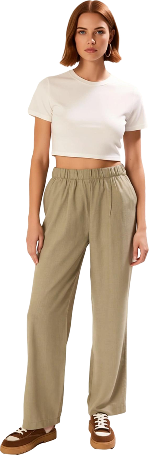 Kadın Haki Dokuma Wide Leg Pantolon Fonksiyonel Dayanıklı Kaliteli Konforlu Estetik Modern