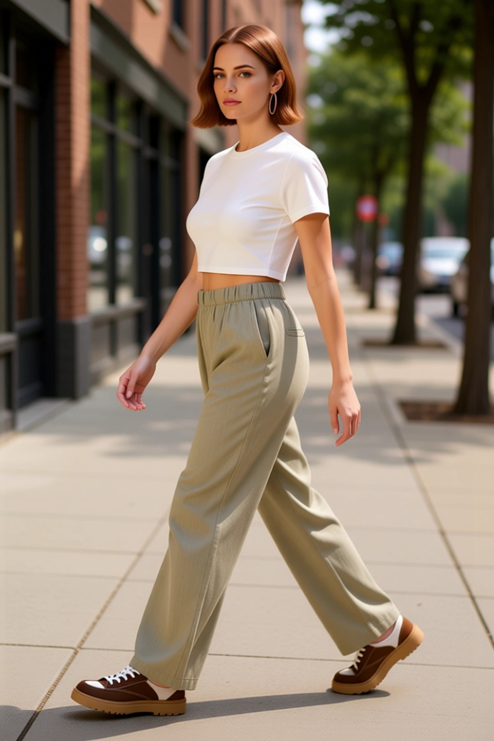 Kadın Haki Dokuma Wide Leg Pantolon Fonksiyonel Dayanıklı Kaliteli Konforlu Estetik Modern