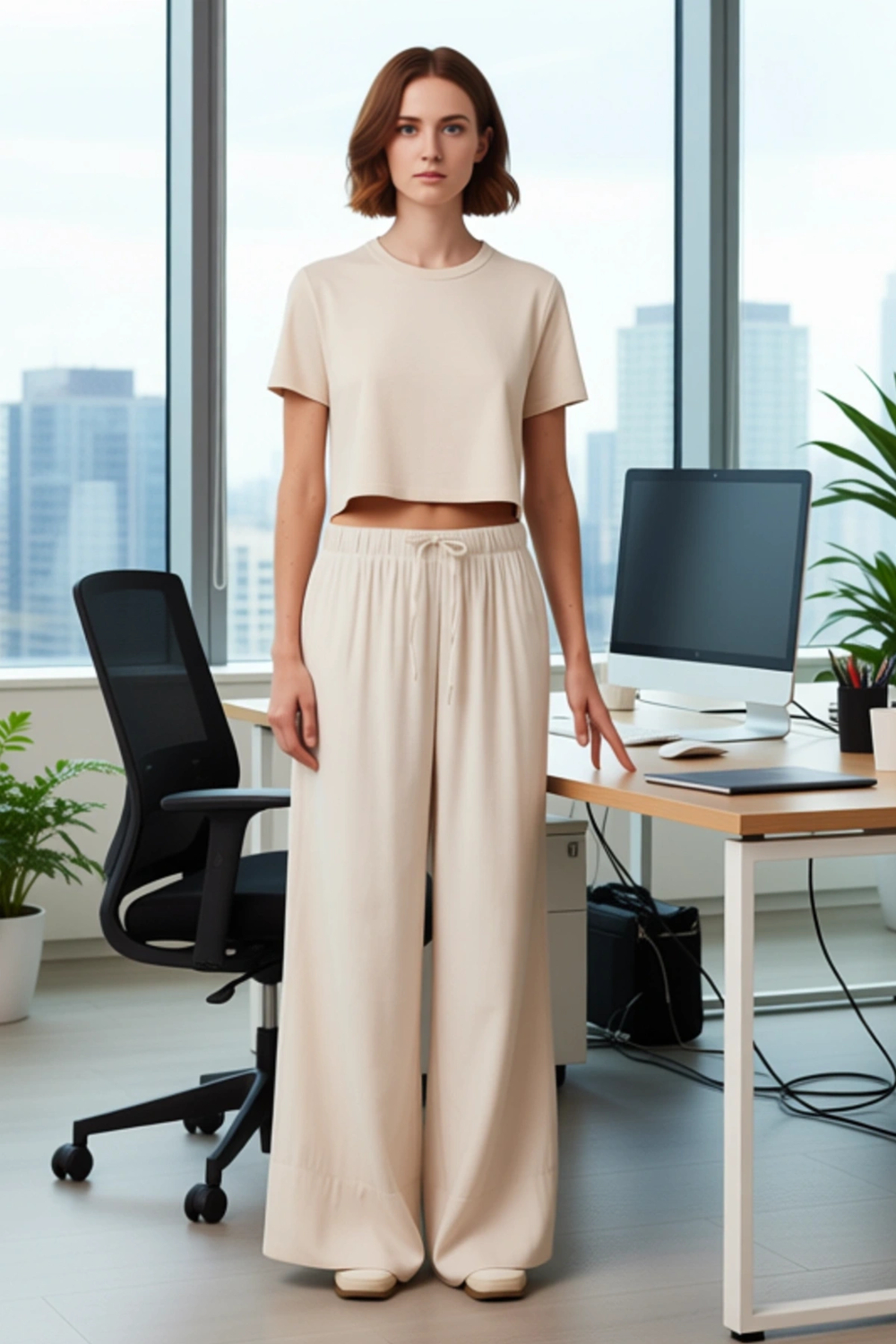 Kadın Düz Dokuma Wide Leg Pantolon Fonksiyonel Dayanıklı Kaliteli Konforlu Estetik Premium