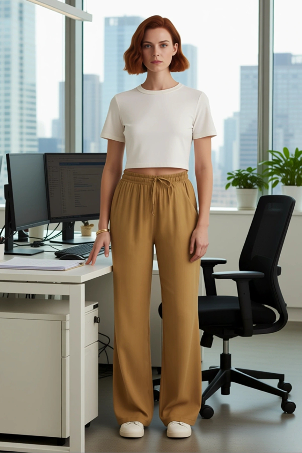 Kadın Wide Leg Dokuma Jakarlı Keten Karışımlı Pantolon Fonksiyonel Dayanıklı Kaliteli Spor