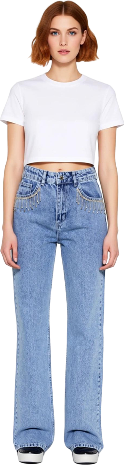 Kadın Wide Leg Jean Taşlı Cep Detaylı Yüksek Bel Pantolon Fonksiyonel Dayanıklı Kaliteli Şık