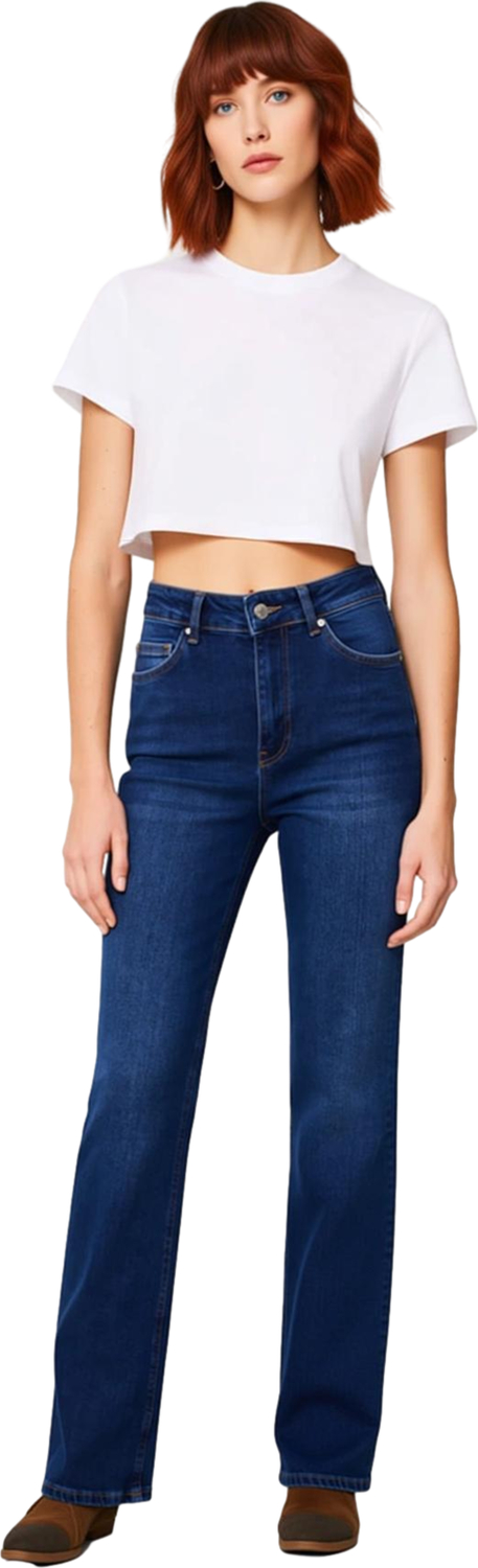 Kadın Koyu Yüksek Bel Geniş Paça Denim Pantolon Fonksiyonel Dayanıklı Kaliteli Konforlu Şık