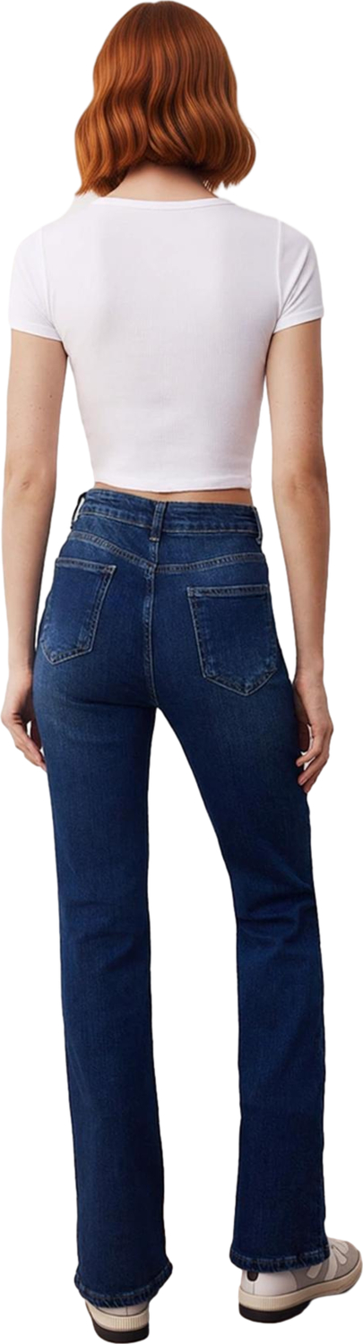Kadın Koyu Yüksek Bel Geniş Paça Denim Pantolon Fonksiyonel Dayanıklı Kaliteli Konforlu Şık