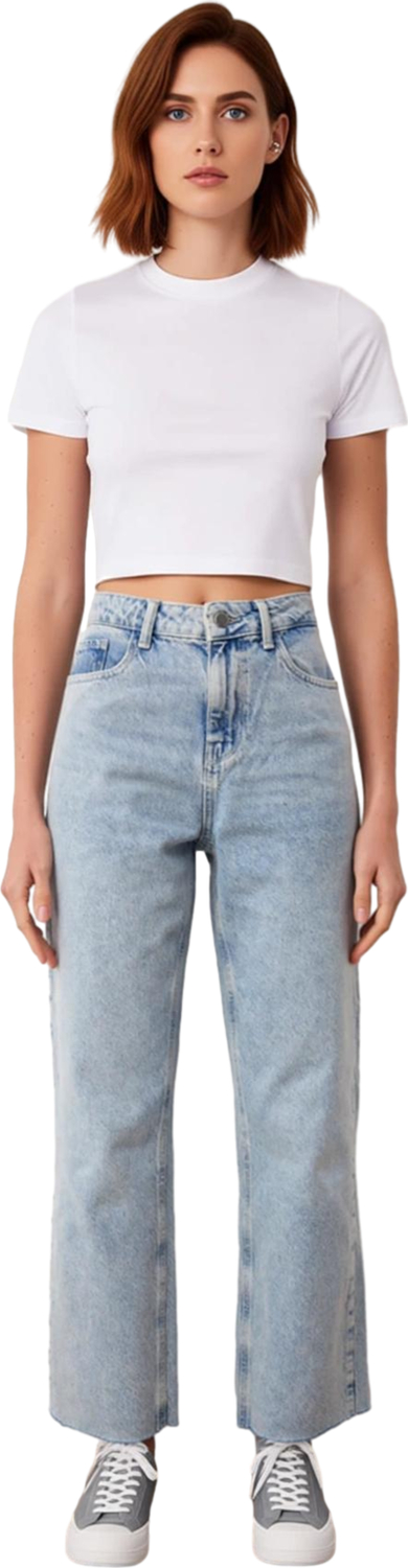 Kadın Açık Düz Paça Yüksek Bel Denim Pantolon Fonksiyonel Dayanıklı Kaliteli Konforlu Spor