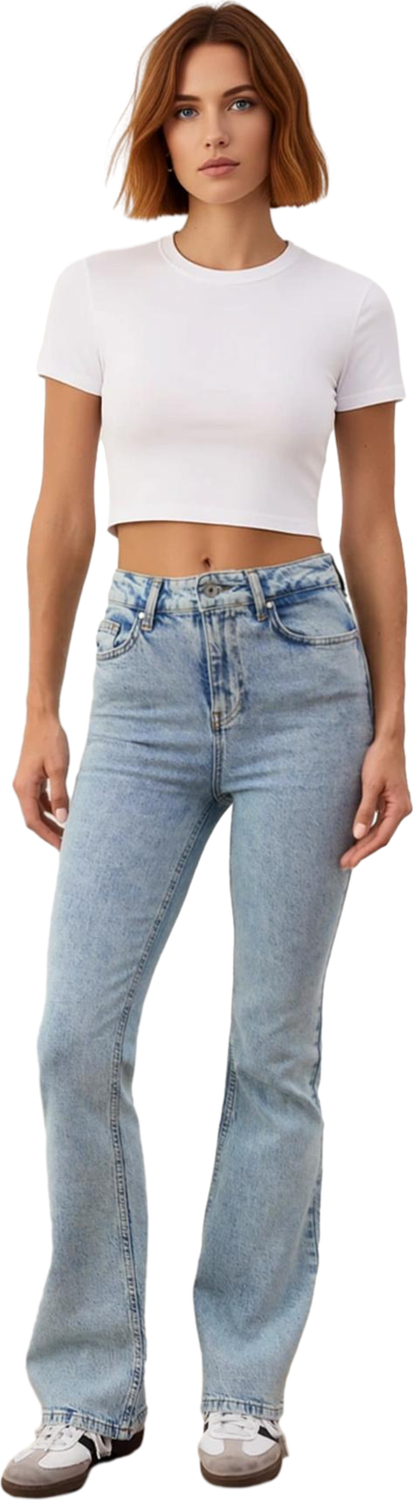 Kadın Açık Yüksek Bel Flare Kesim Denim Pantolon Fonksiyonel Dayanıklı Kaliteli Konforlu Şık