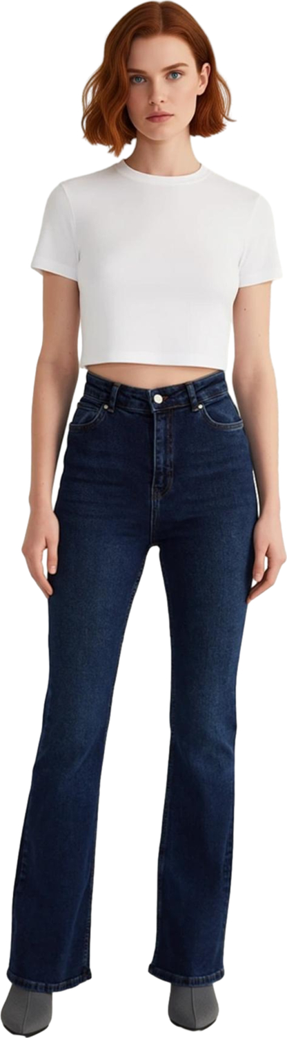 Kadın Koyu Yüksek Bel Flare Kesim Denim Pantolon Fonksiyonel Dayanıklı Kaliteli Konforlu Şık