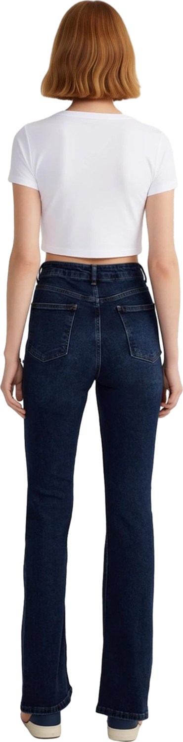 Kadın Koyu Yüksek Bel Flare Kesim Denim Pantolon Fonksiyonel Dayanıklı Kaliteli Konforlu Şık