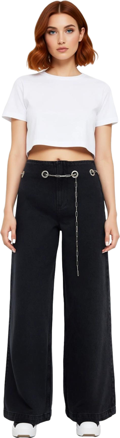 Kadın Geniş Paça Denim Pantolon Zincir Detaylı Yüksek Bel Fonksiyonel Dayanıklı Kaliteli Şık