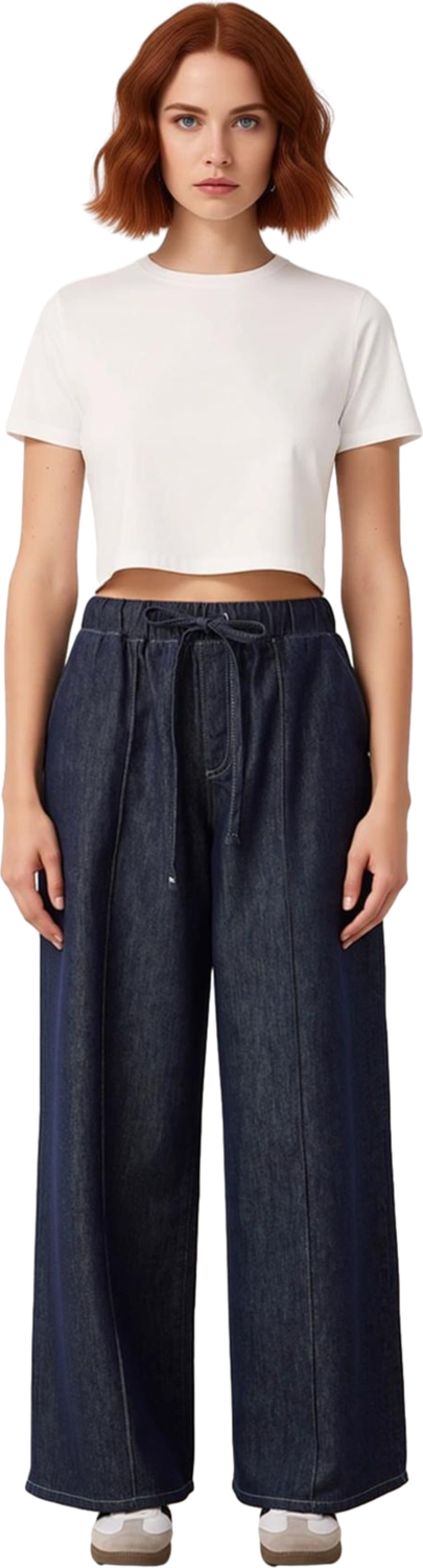 Kadın Koyu Yüksek Bel Bol Kesim Denim Pantolon Bağcıklı Fonksiyonel Dayanıklı Kaliteli Şık