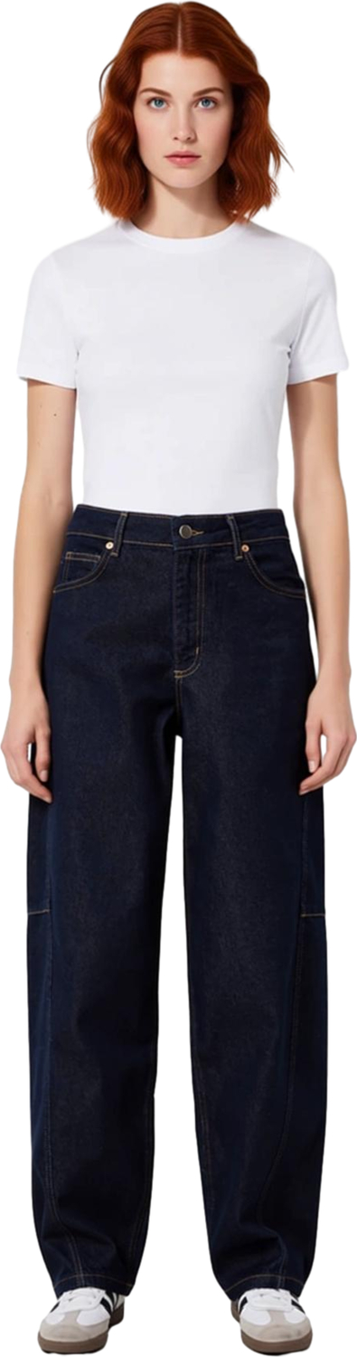 Kadın Koyu Yüksek Bel Barrel Kesim Denim Pantolon Fonksiyonel Dayanıklı Kaliteli Konforlu Şık