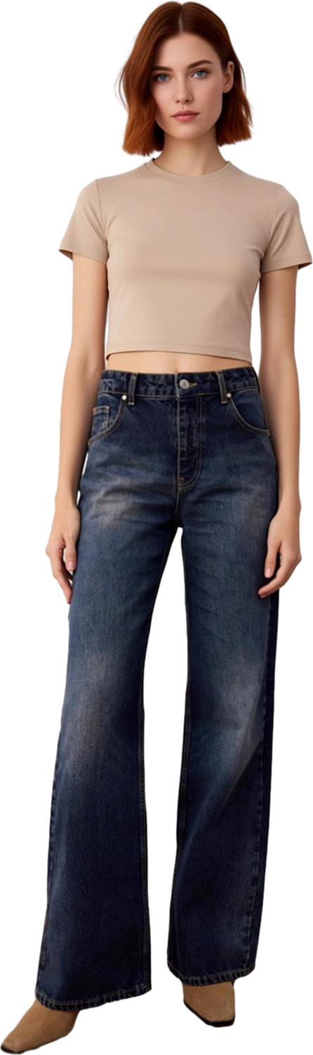 Kadın Koyu Geniş Paça Denim Pantolon Fonksiyonel Dayanıklı Kaliteli Konforlu Estetik Rahat