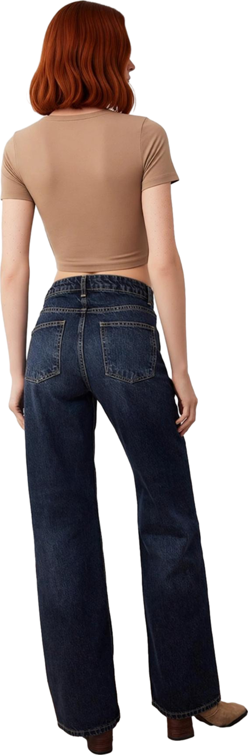 Kadın Koyu Geniş Paça Denim Pantolon Fonksiyonel Dayanıklı Kaliteli Konforlu Estetik Rahat