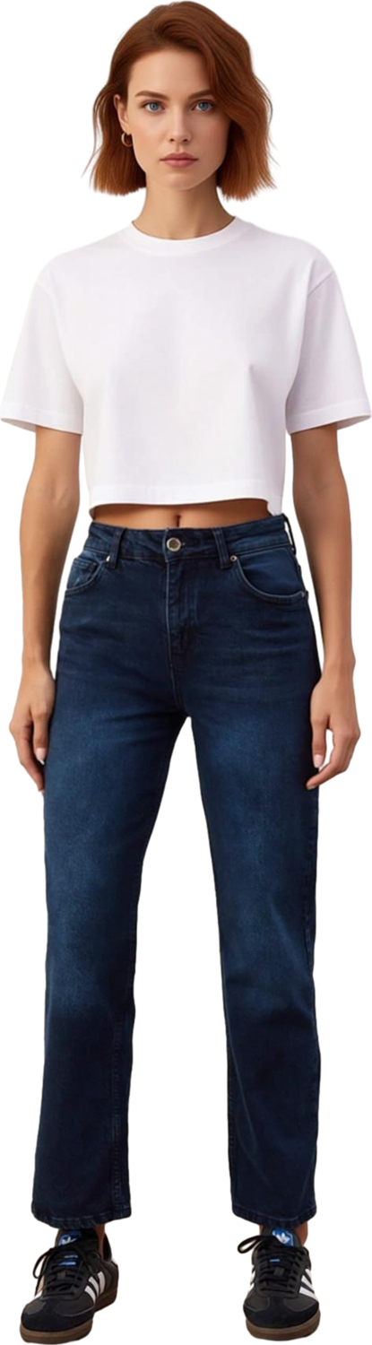 Kadın Yüksek Bel Straight Fit Koyu Jean Fonksiyonel Dayanıklı Kaliteli Konforlu Estetik Şık
