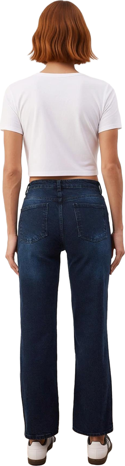 Kadın Yüksek Bel Straight Fit Koyu Jean Fonksiyonel Dayanıklı Kaliteli Konforlu Estetik Şık