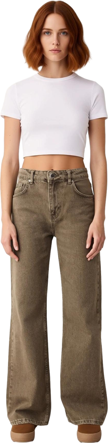 Kadın Haki Wide Leg Denim Pantolon Yüksek Bel Fonksiyonel Dayanıklı Kaliteli Konforlu Spor