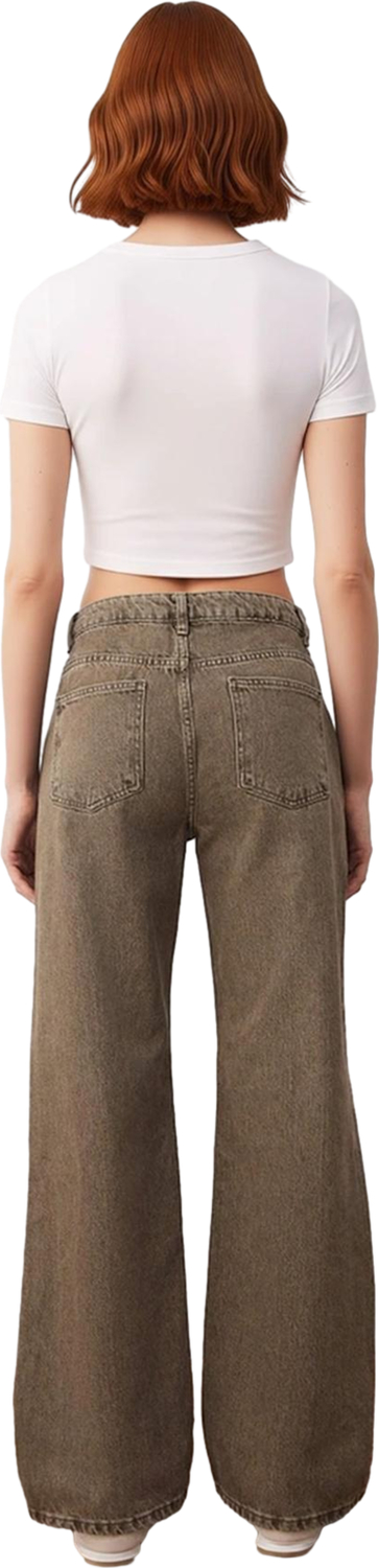 Kadın Haki Wide Leg Denim Pantolon Yüksek Bel Fonksiyonel Dayanıklı Kaliteli Konforlu Spor