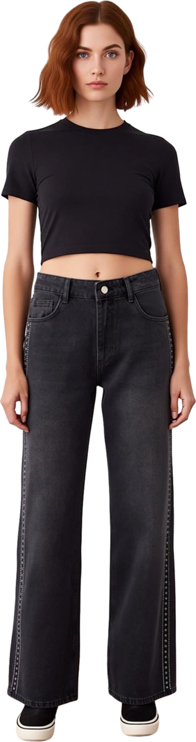 Kadın Wide Leg Denim Pantolon Aksesuar Detaylı Fonksiyonel Dayanıklı Kaliteli Konforlu Şık