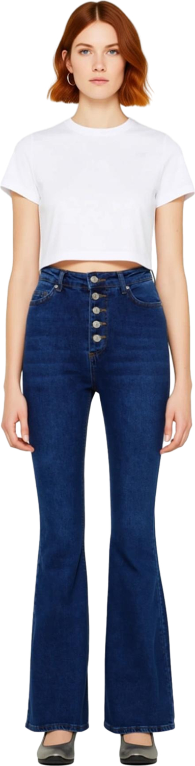 Kadın Yüksek Bel Flare Denim Pantolon Fonksiyonel Dayanıklı Kaliteli Konforlu Estetik Spor