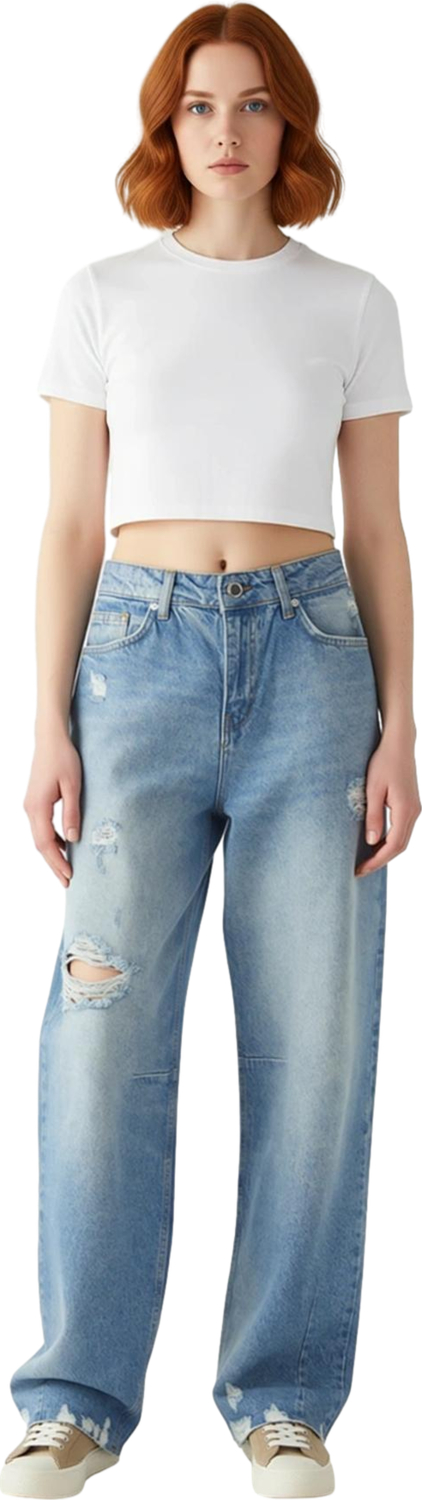 Kadın Vintage Bol Paça Yırtıklı Kot Pantolon Fonksiyonel Dayanıklı Kaliteli Konforlu Rahat