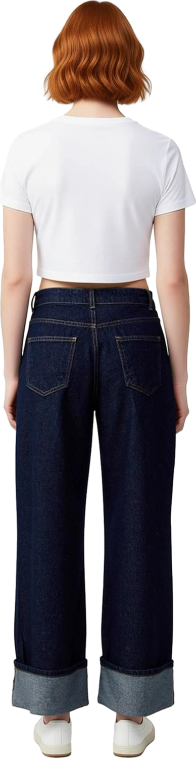 Kadın Geniş Paça Koyu Denim Pantolon Normal Bel Fonksiyonel Dayanıklı Kaliteli Konforlu Şık