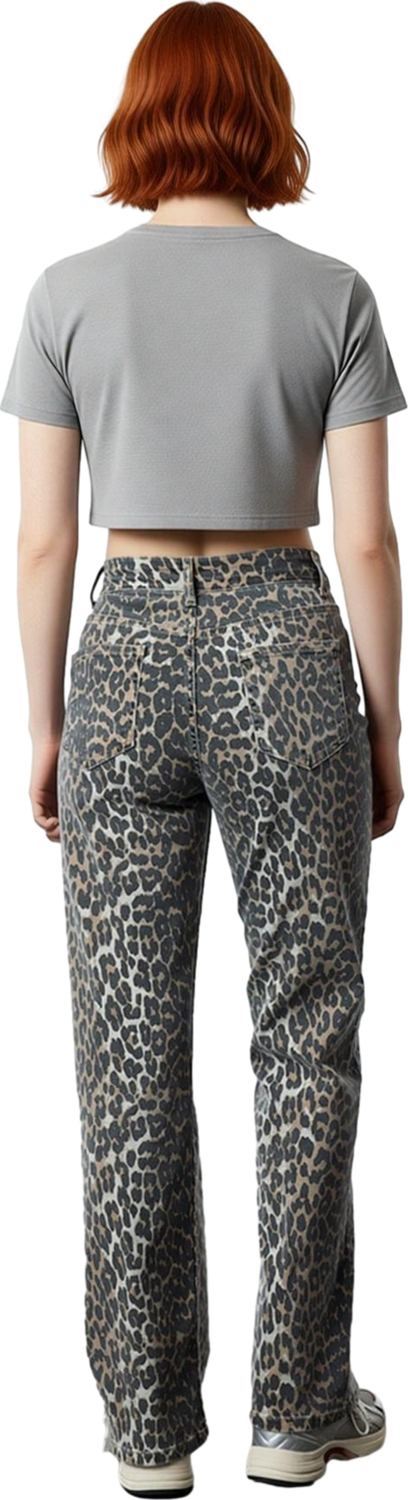 Kadın Yüksek Bel Leopar Desenli Geniş Paça Jean Fonksiyonel Dayanıklı Kaliteli Konforlu Şık