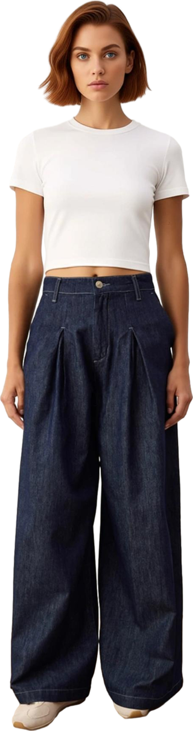 Kadın Koyu Bol Paça Yüksek Bel Denim Pantolon Pile Detaylı Fonksiyonel Dayanıklı Kaliteli Şık