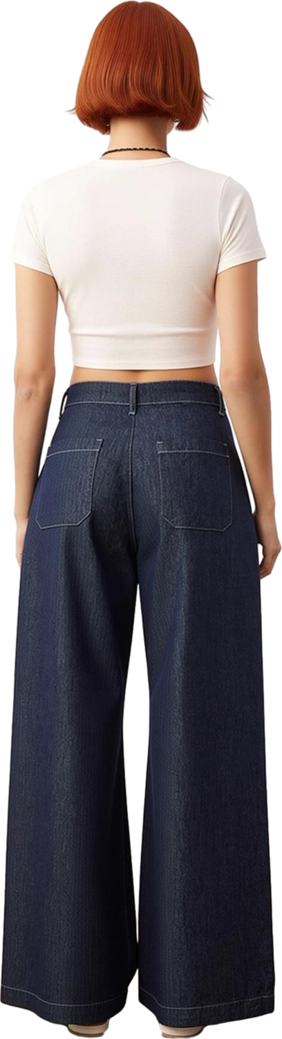 Kadın Koyu Bol Paça Yüksek Bel Denim Pantolon Pile Detaylı Fonksiyonel Dayanıklı Kaliteli Şık