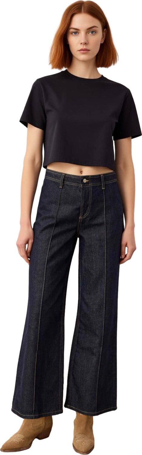 Kadın Koyu Geniş Paça Denim Pantolon Yüksek Bel Fonksiyonel Dayanıklı Kaliteli Konforlu Şık