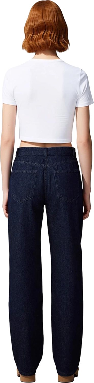 Kadin Yüksek Bel Genis Paça Koyu Denim Pantolon Fonksiyonel Dayanıklı Kaliteli Konforlu Şık