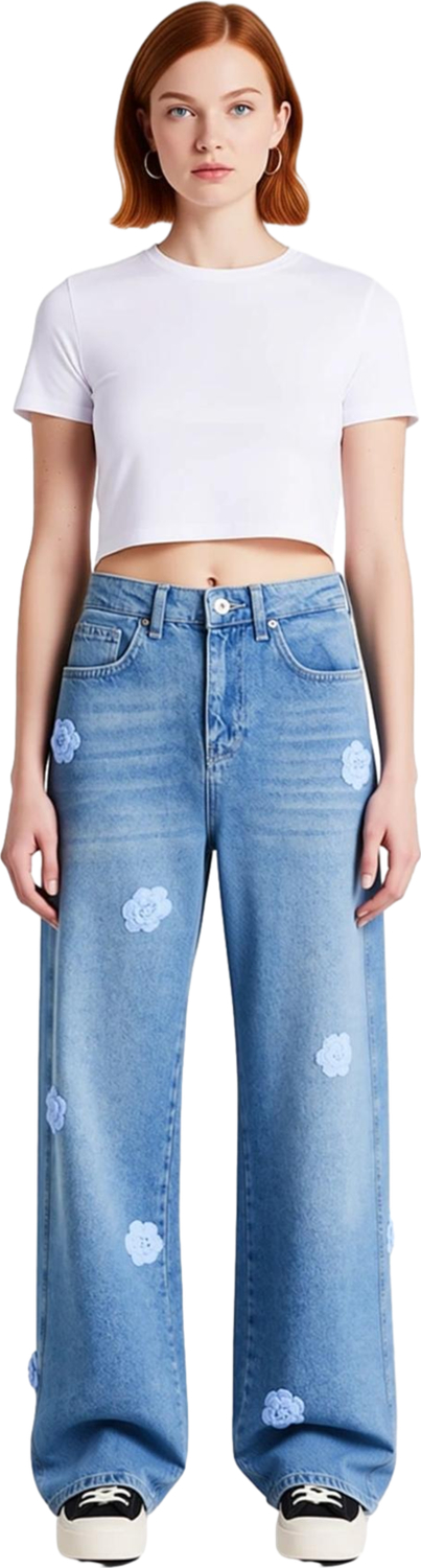 Feminine Wide Leg Jean Çiçek İşlemeli Fonksiyonel Dayanıklı Kaliteli Konforlu Estetik Spor