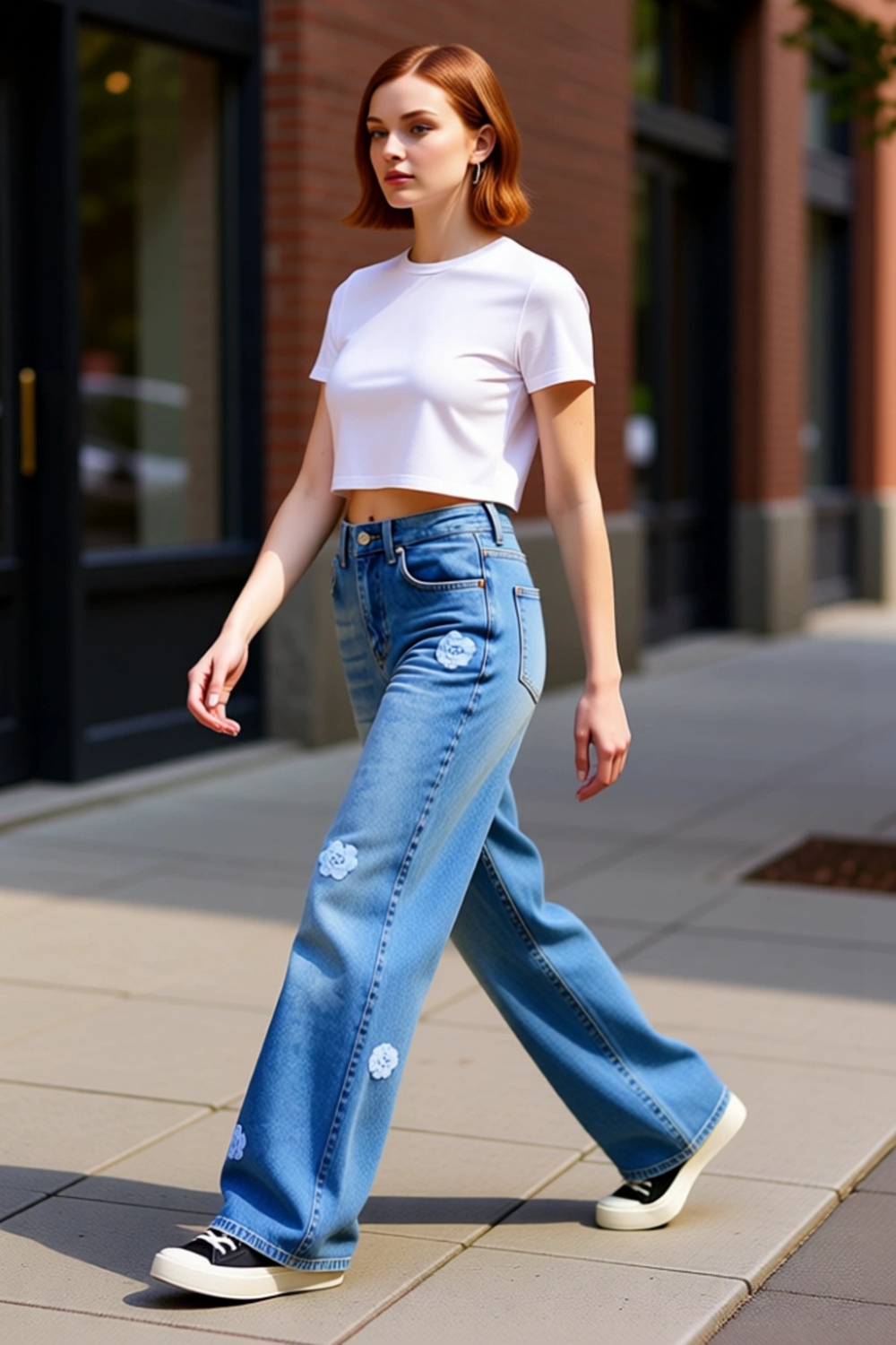 Feminine Wide Leg Jean Çiçek İşlemeli Fonksiyonel Dayanıklı Kaliteli Konforlu Estetik Spor