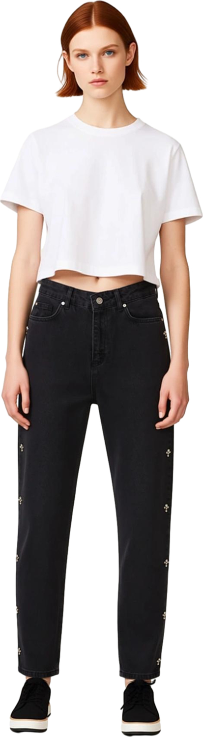 Kadın Taşlı Yüksek Bel Mom Fit Jean Fonksiyonel Dayanıklı Kaliteli Konforlu Estetik Modern