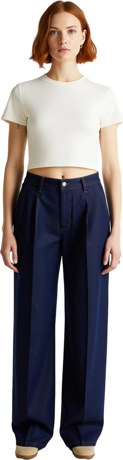 Kadın Koyu Wide Leg Pileli Denim Pantolon Fonksiyonel Dayanıklı Kaliteli Konforlu Estetik Şık