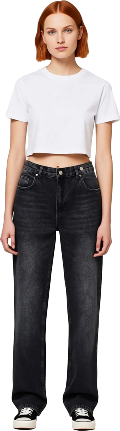 Kadın Yüksek Bel Boru Paça Asimetrik Düğmeli Denim Pantolon Fonksiyonel Dayanıklı Kaliteli