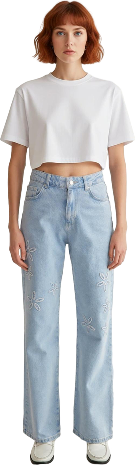 Kadın Açık Çiçek Detaylı Wide Leg Denim Pantolon Fonksiyonel Dayanıklı Kaliteli Konforlu Şık