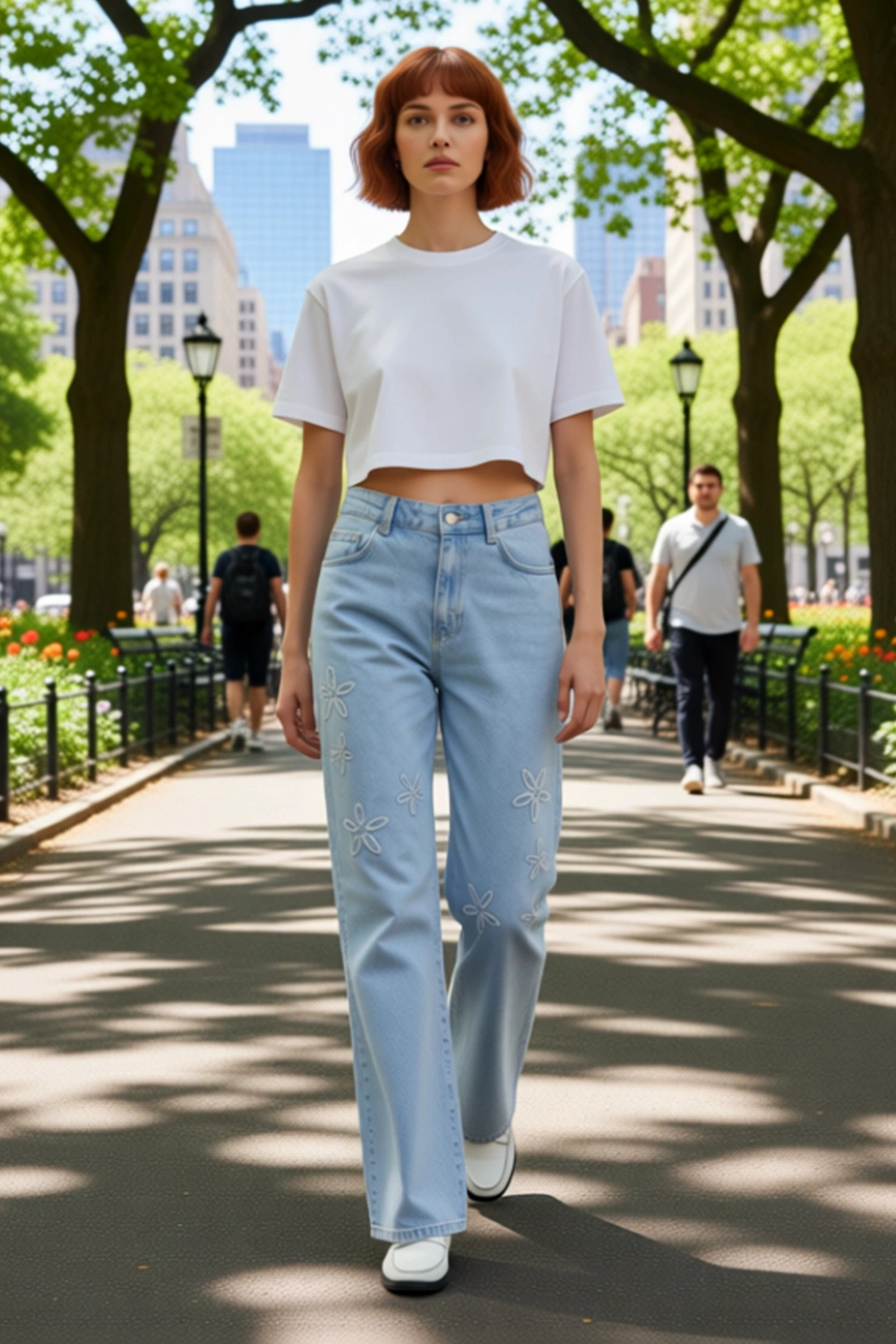 Kadın Açık Çiçek Detaylı Wide Leg Denim Pantolon Fonksiyonel Dayanıklı Kaliteli Konforlu Şık