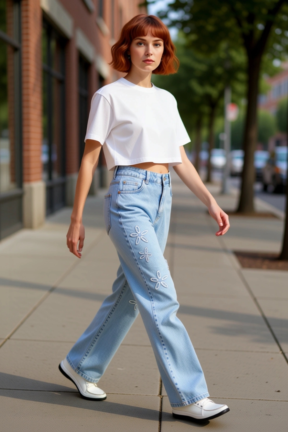 Kadın Açık Çiçek Detaylı Wide Leg Denim Pantolon Fonksiyonel Dayanıklı Kaliteli Konforlu Şık