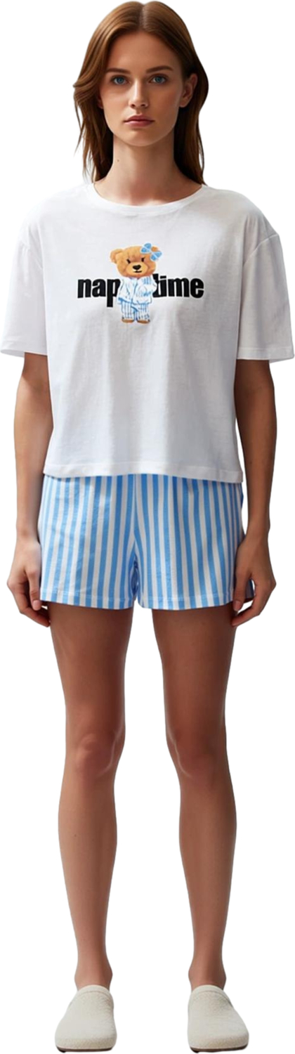 Kadın Çizgili Şortlu Ayıcık Temalı Pijama Takımı Fonksiyonel Dayanıklı Kaliteli Konforlu Şık